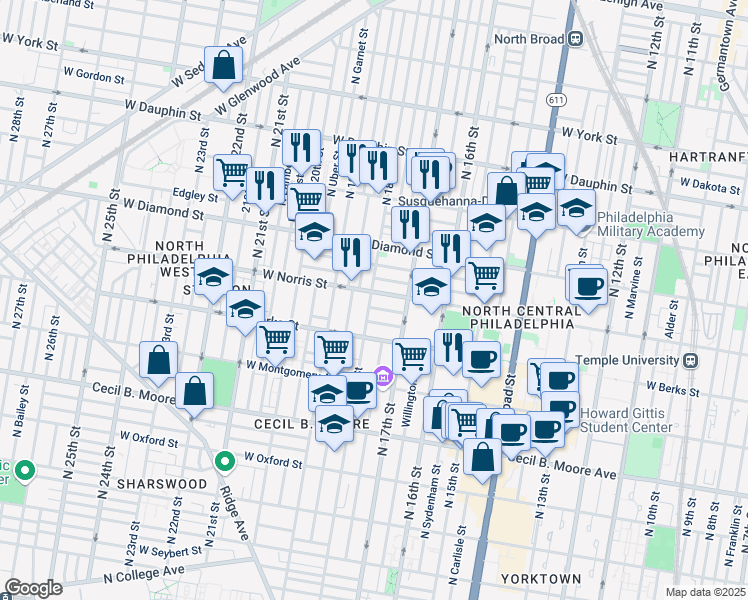 map of restaurants, bars, coffee shops, grocery stores, and more near 1947 North 18th Street in Philadelphia