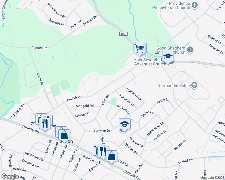 map of restaurants, bars, coffee shops, grocery stores, and more near 1659 Lilac Road in York