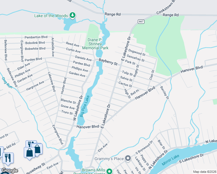 map of restaurants, bars, coffee shops, grocery stores, and more near 123 Lilac Street in Burlington County