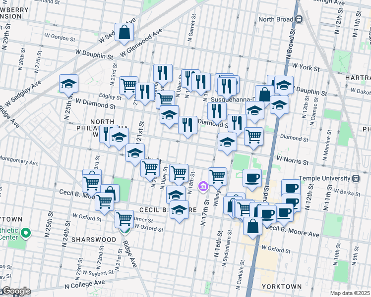 map of restaurants, bars, coffee shops, grocery stores, and more near 1944 North Gratz Street in Philadelphia