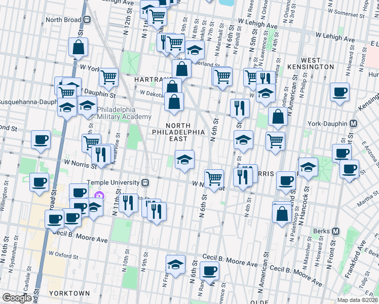 map of restaurants, bars, coffee shops, grocery stores, and more near 2127 North 7th Street in Philadelphia