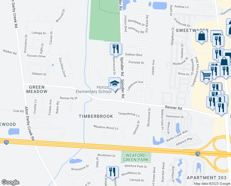map of restaurants, bars, coffee shops, grocery stores, and more near 6000 Renner Road in Columbus