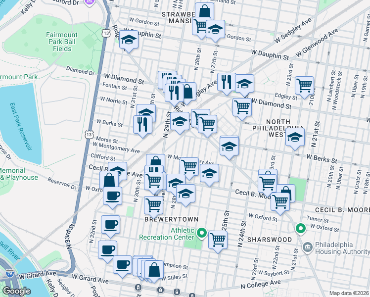 map of restaurants, bars, coffee shops, grocery stores, and more near 1838 North 28th Street in Philadelphia