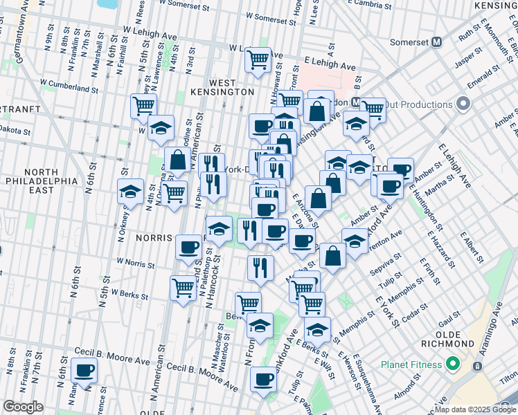 map of restaurants, bars, coffee shops, grocery stores, and more near 2217 North Howard Street in Philadelphia