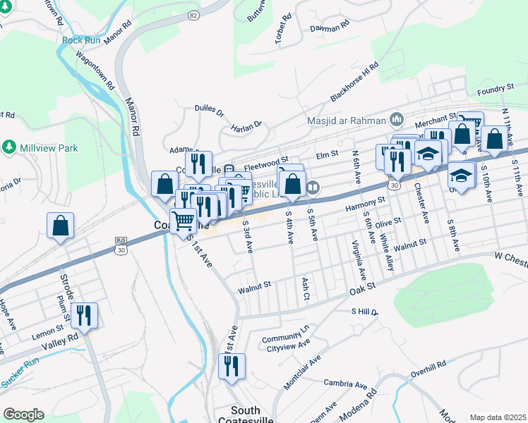 map of restaurants, bars, coffee shops, grocery stores, and more near 330 Lincoln Highway East in Coatesville