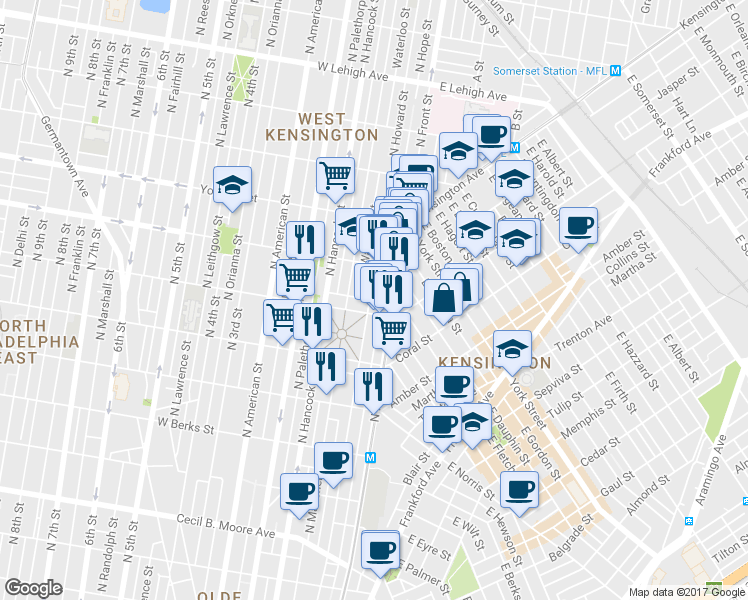 map of restaurants, bars, coffee shops, grocery stores, and more near 2217 North Howard Street in Philadelphia