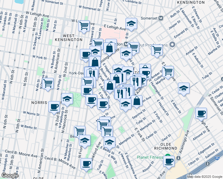 map of restaurants, bars, coffee shops, grocery stores, and more near 2025 East York Street in Philadelphia