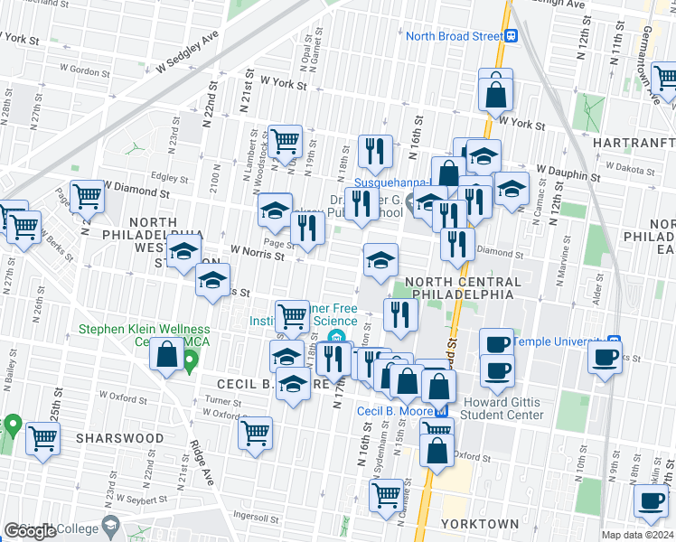 map of restaurants, bars, coffee shops, grocery stores, and more near in Philadelphia