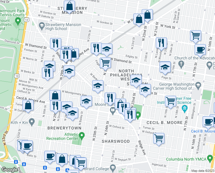 map of restaurants, bars, coffee shops, grocery stores, and more near 1902 North Ringgold Street in Philadelphia