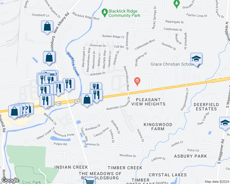 map of restaurants, bars, coffee shops, grocery stores, and more near 7310 East Broad Street in Blacklick