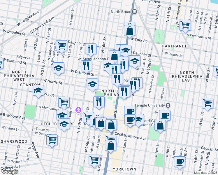 map of restaurants, bars, coffee shops, grocery stores, and more near 2013 North 15th Street in Philadelphia