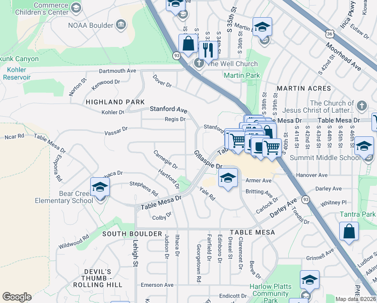map of restaurants, bars, coffee shops, grocery stores, and more near 680 Yale Road in Boulder