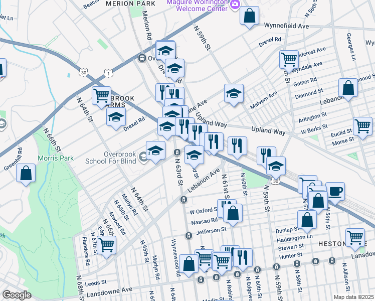 map of restaurants, bars, coffee shops, grocery stores, and more near 6210 Malvern Avenue in Philadelphia