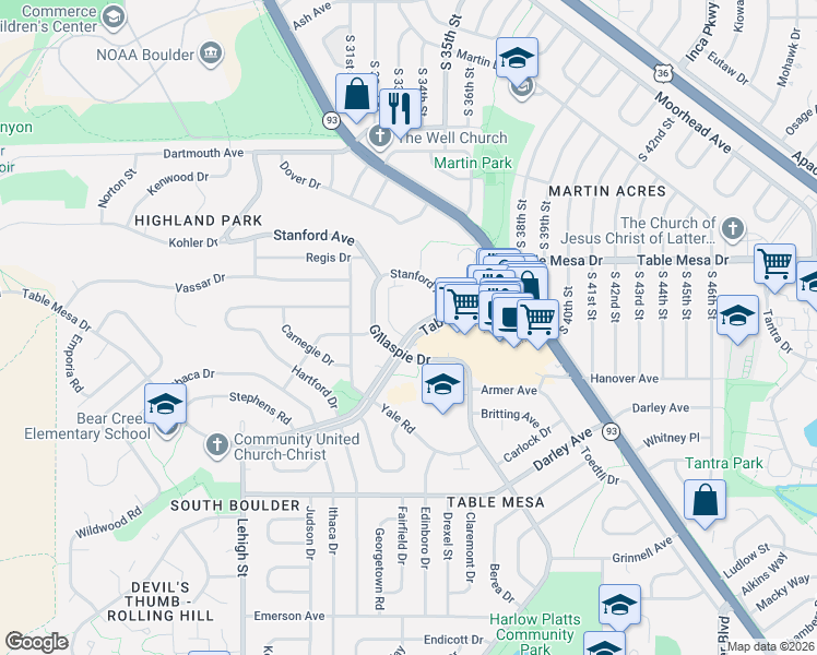 map of restaurants, bars, coffee shops, grocery stores, and more near 1360 Gillaspie Drive in Boulder