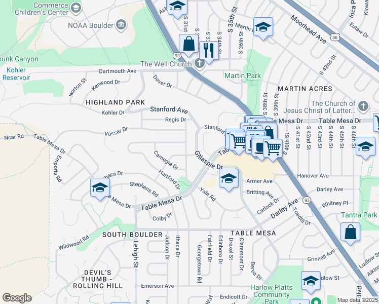 map of restaurants, bars, coffee shops, grocery stores, and more near 666 Gillaspie Drive in Boulder