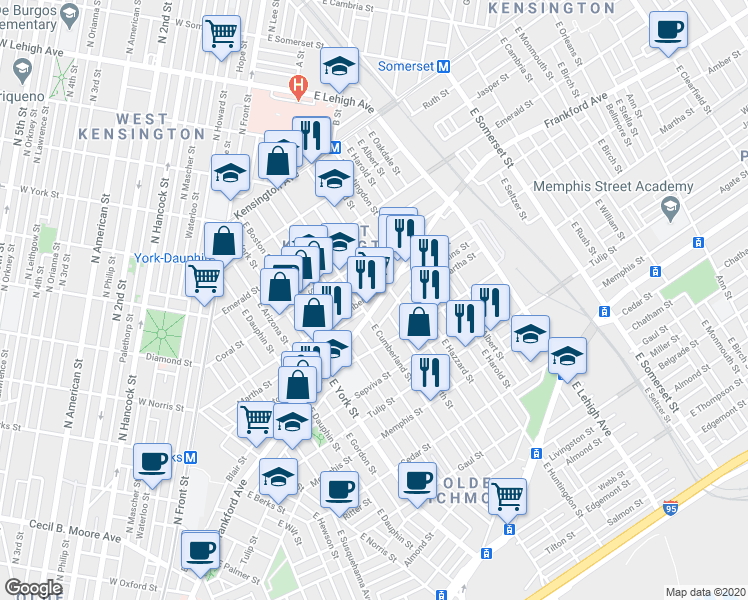 map of restaurants, bars, coffee shops, grocery stores, and more near in Philadelphia