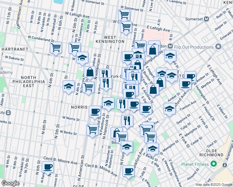 map of restaurants, bars, coffee shops, grocery stores, and more near 2207 North Hancock Street in Philadelphia
