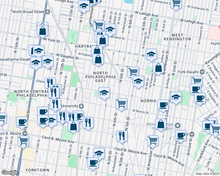map of restaurants, bars, coffee shops, grocery stores, and more near 2127 North 7th Street in Philadelphia