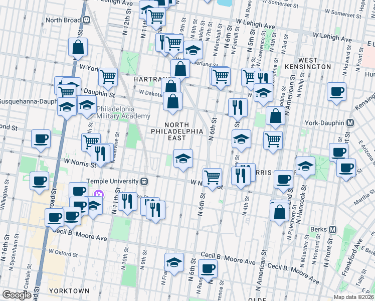 map of restaurants, bars, coffee shops, grocery stores, and more near 2127 North 7th Street in Philadelphia