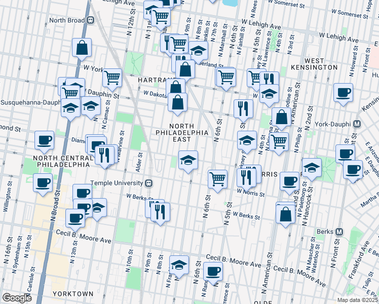 map of restaurants, bars, coffee shops, grocery stores, and more near 2119 North Franklin Street in Philadelphia