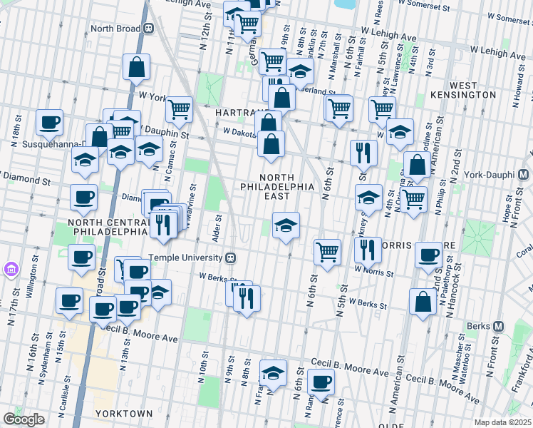 map of restaurants, bars, coffee shops, grocery stores, and more near 2111 North Darien Street in Philadelphia