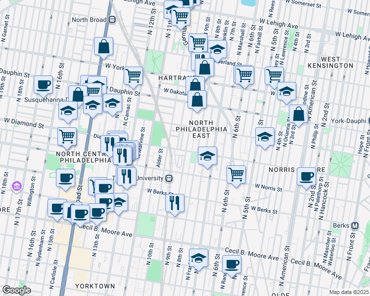 map of restaurants, bars, coffee shops, grocery stores, and more near 2107 North Percy Street in Philadelphia