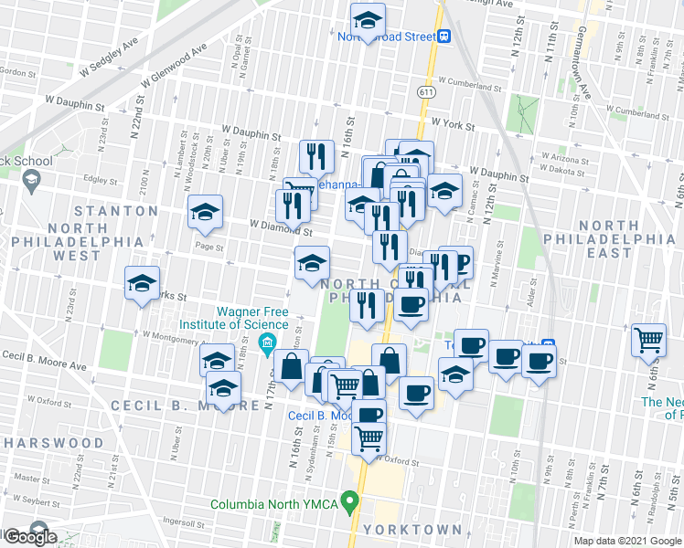 map of restaurants, bars, coffee shops, grocery stores, and more near 1439 West Norris Street in Philadelphia