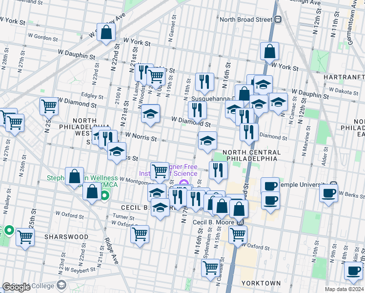 map of restaurants, bars, coffee shops, grocery stores, and more near in Philadelphia