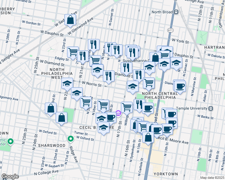 map of restaurants, bars, coffee shops, grocery stores, and more near in Philadelphia