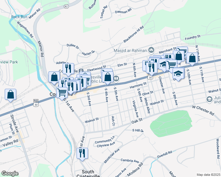 map of restaurants, bars, coffee shops, grocery stores, and more near 1 South 5th Avenue in Coatesville