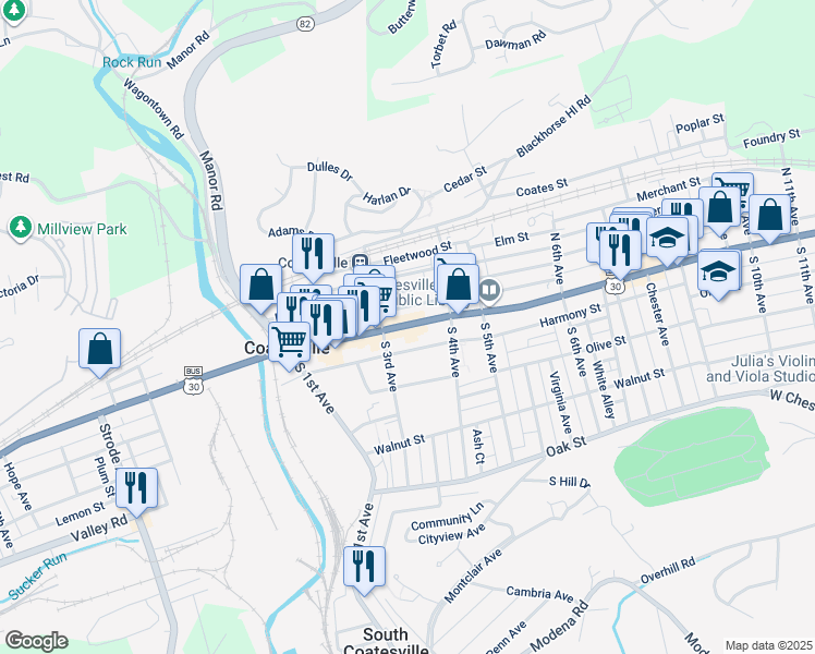 map of restaurants, bars, coffee shops, grocery stores, and more near 339 U.S. 30 Business in Coatesville