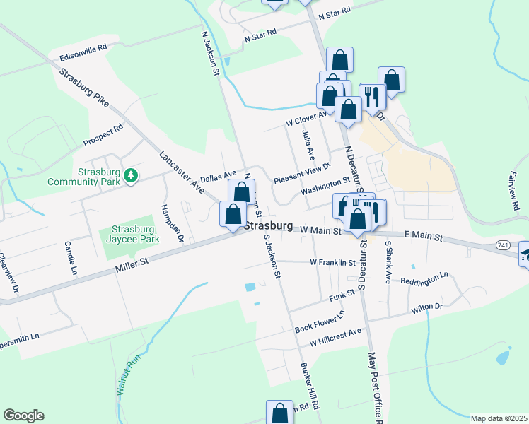 map of restaurants, bars, coffee shops, grocery stores, and more near 8 North Jackson Street in Strasburg