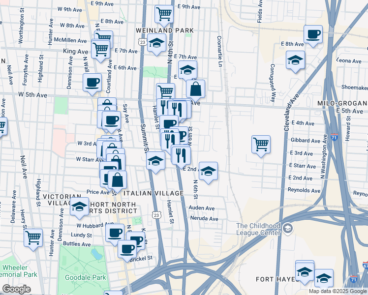 map of restaurants, bars, coffee shops, grocery stores, and more near 244 East 3rd Avenue in Columbus