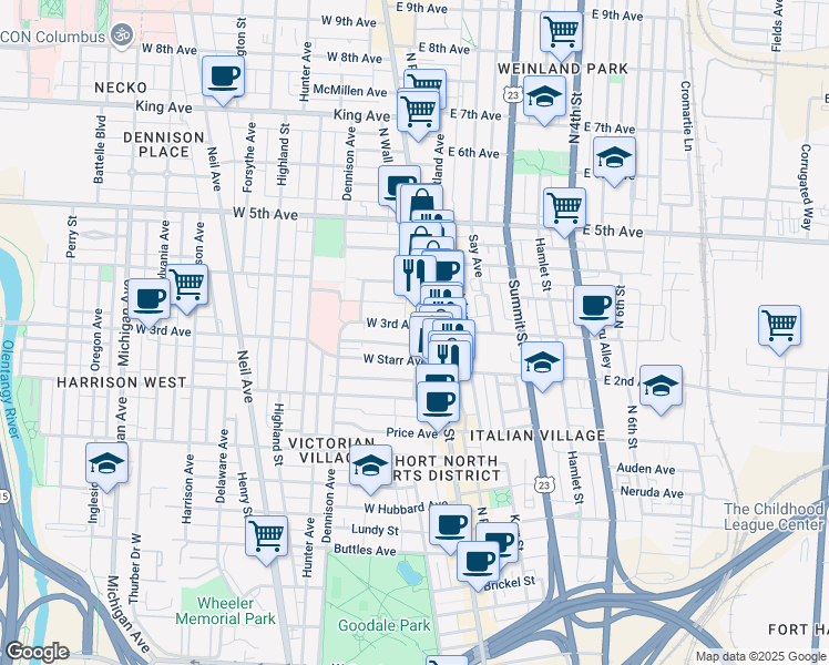 map of restaurants, bars, coffee shops, grocery stores, and more near 13 West 3rd Avenue in Columbus