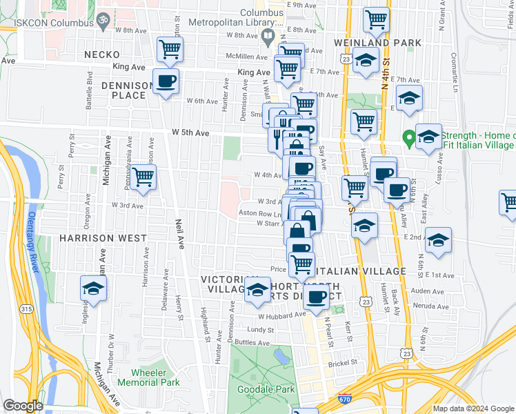 map of restaurants, bars, coffee shops, grocery stores, and more near 69 West 3rd Avenue in Columbus