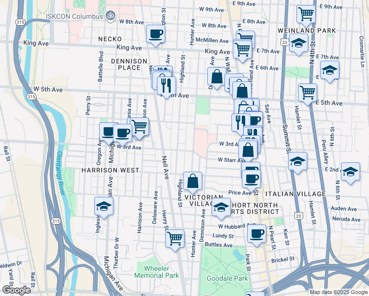 map of restaurants, bars, coffee shops, grocery stores, and more near 194 West 3rd Avenue in Columbus