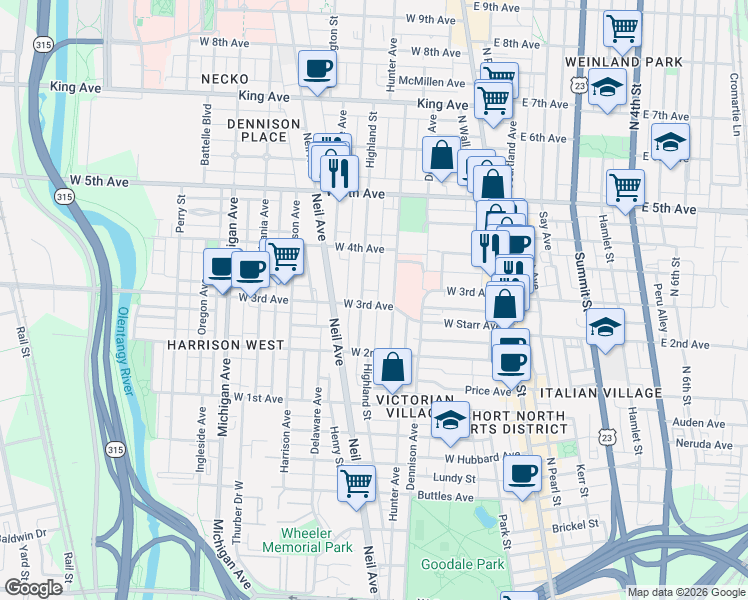 map of restaurants, bars, coffee shops, grocery stores, and more near 1083 Hunter Avenue in Columbus