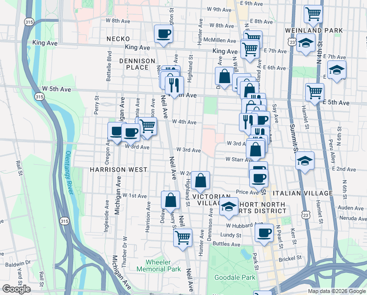 map of restaurants, bars, coffee shops, grocery stores, and more near 1097 Highland Street in Columbus