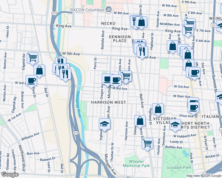map of restaurants, bars, coffee shops, grocery stores, and more near 410 West 3rd Avenue in Columbus
