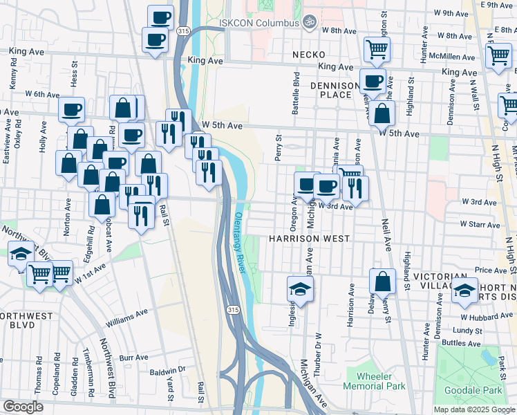 map of restaurants, bars, coffee shops, grocery stores, and more near 571 West 3rd Avenue in Columbus
