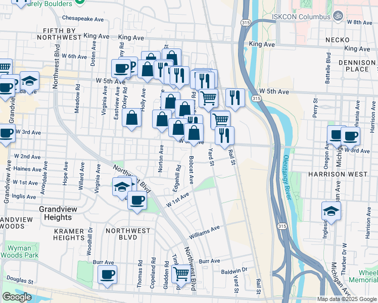 map of restaurants, bars, coffee shops, grocery stores, and more near 909 West 3rd Avenue in Columbus
