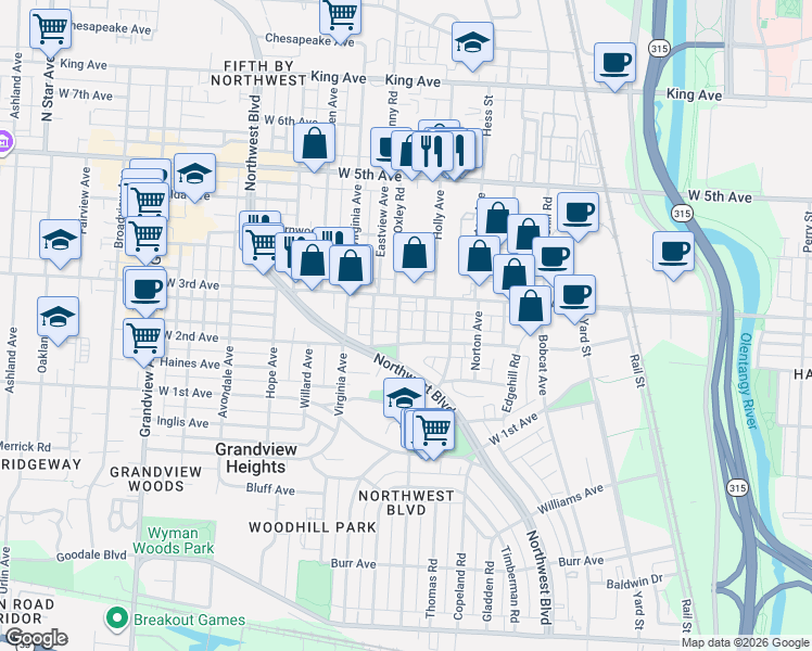 map of restaurants, bars, coffee shops, grocery stores, and more near 1231 Oxley Road in Columbus