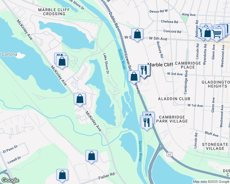 map of restaurants, bars, coffee shops, grocery stores, and more near 1405 Lake Shore Drive in Columbus