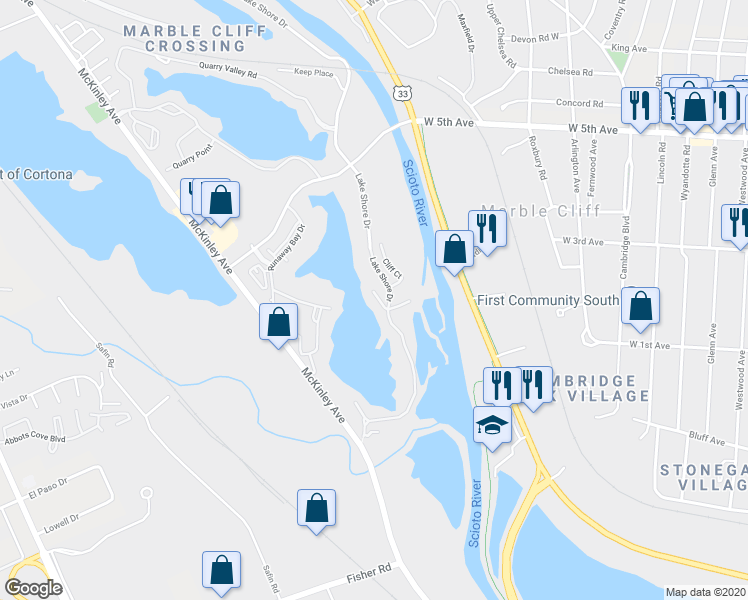 map of restaurants, bars, coffee shops, grocery stores, and more near 1405 Lake Shore Drive in Columbus