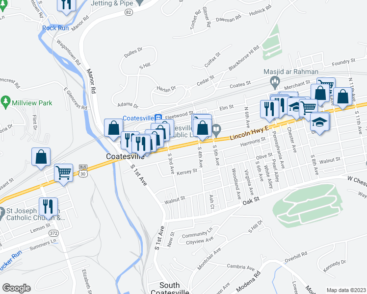 map of restaurants, bars, coffee shops, grocery stores, and more near 336 Lincoln Highway East in Coatesville