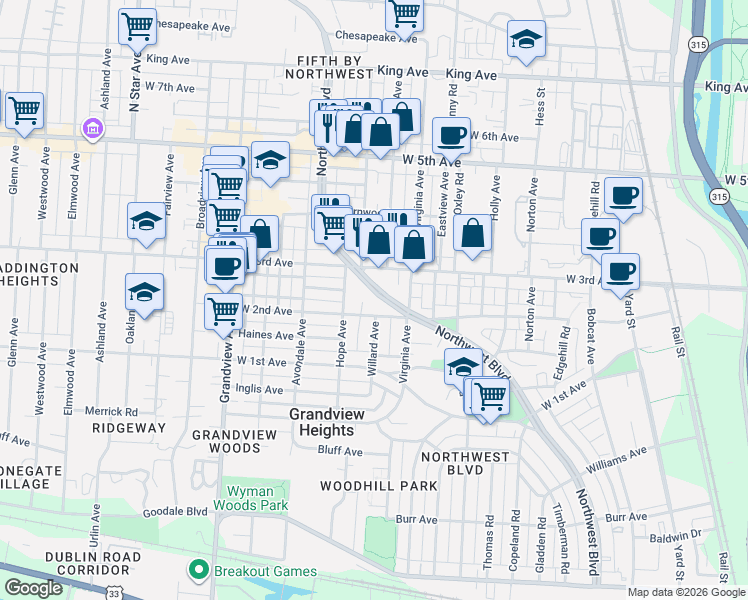 map of restaurants, bars, coffee shops, grocery stores, and more near 1247 Northwest Blvd in Columbus