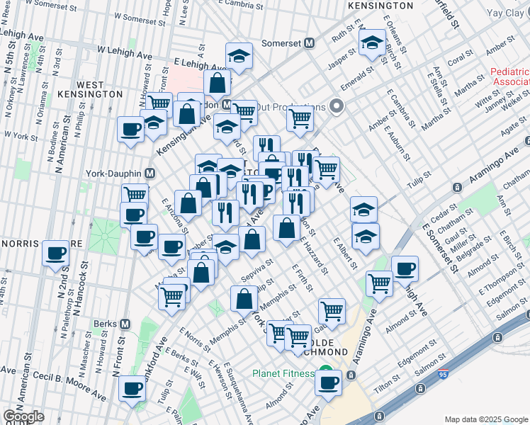 map of restaurants, bars, coffee shops, grocery stores, and more near 2550 Collins Street in Philadelphia