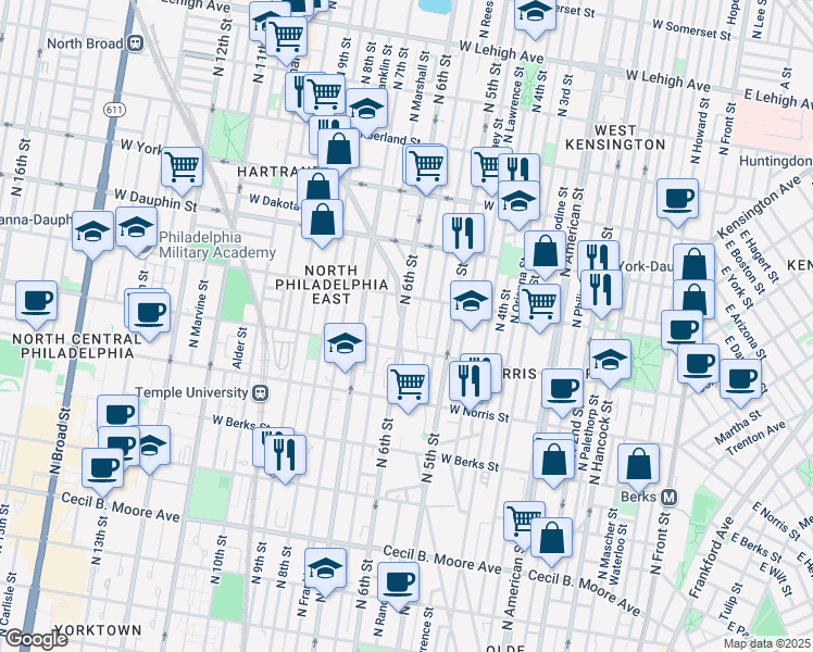 map of restaurants, bars, coffee shops, grocery stores, and more near 2133 Germantown Avenue in Philadelphia