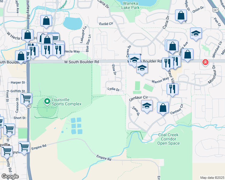 map of restaurants, bars, coffee shops, grocery stores, and more near 1502 Seneca Circle in Lafayette