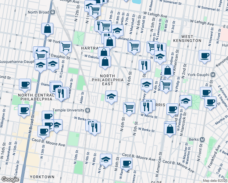 map of restaurants, bars, coffee shops, grocery stores, and more near 2120 North 7th Street in Philadelphia